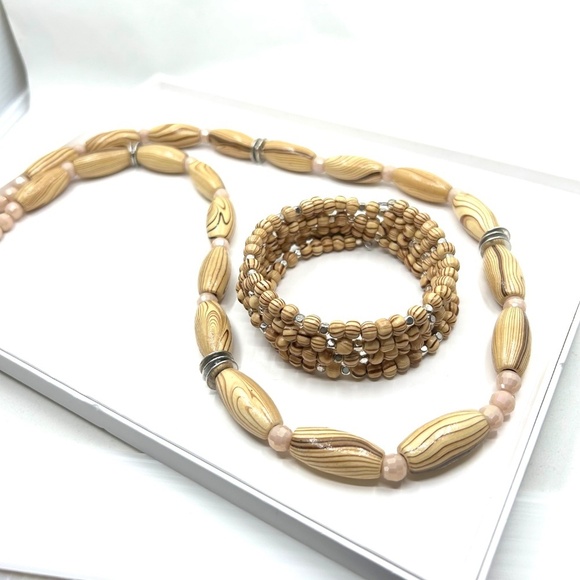 Handcrafted Wooden Beads Necklace and Coil Bracelet Set NWT - Picture 12 of 14